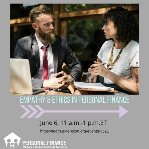 Empathy and Ethics in Personal Finance promo image. Bearded man in suit listening to woman holding a pen over an open appointment calendar