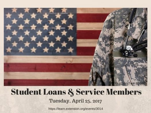 Student Loans & Service Members event banner. Shows a service member with a stethoscope against the background of the American flag.