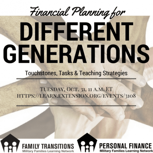 Financial Planning for Different Generations: Touchstones, Tasks & Teaching Strategies banner showing hands put together in a show of teamwork