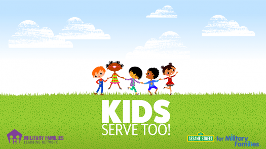 Image of happy cartoon children holding hands and jumping, on grass with a clear blue sky. The words Kids Serve Too are in white on the grass, and the logos of Sesame Street for Military Families and OneOp are nestled in the grass.