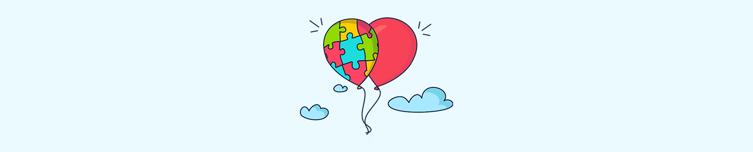 Illustration of two balloons floating in the clouds. One balloon is made up of colorful puzzle pieces.