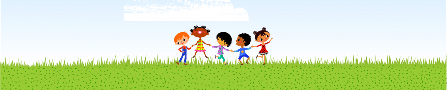 Illustrations of children holding hands and jumping in a field