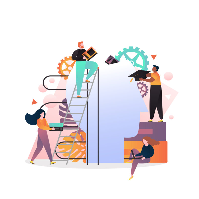 illustration of tiny people putting books into big man head. Self improvement, brain training, learning, personal development concept for web banner, website page.