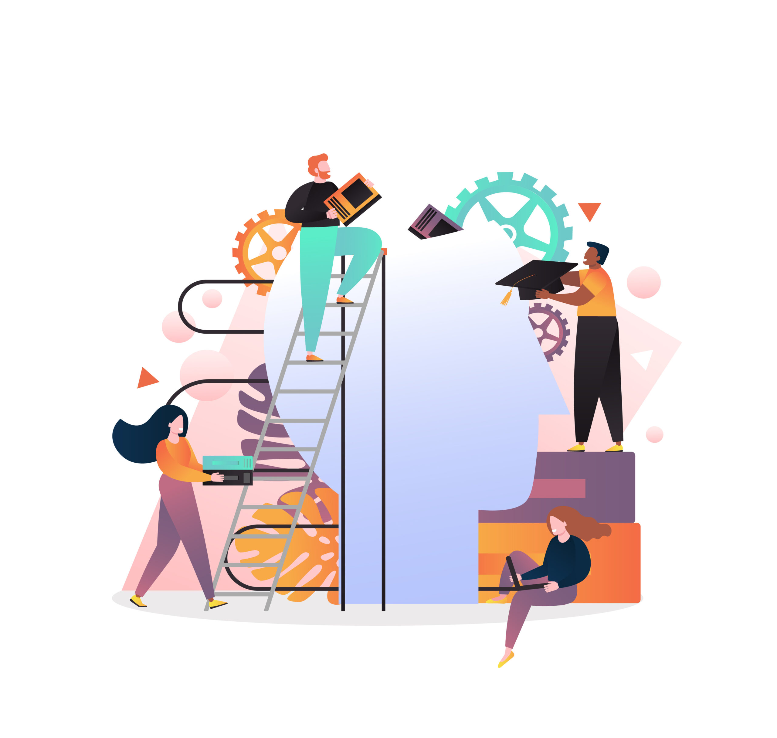 illustration of tiny people putting books into big man head. Self improvement, brain training, learning, personal development concept for web banner, website page.