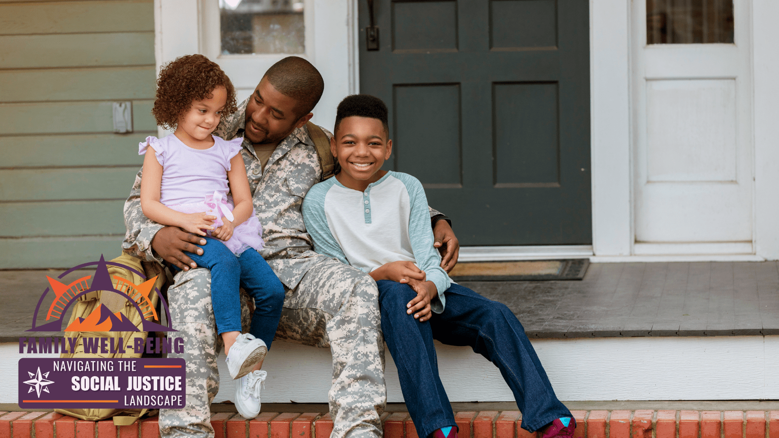 father in military uniform sitting on front porch with his two children