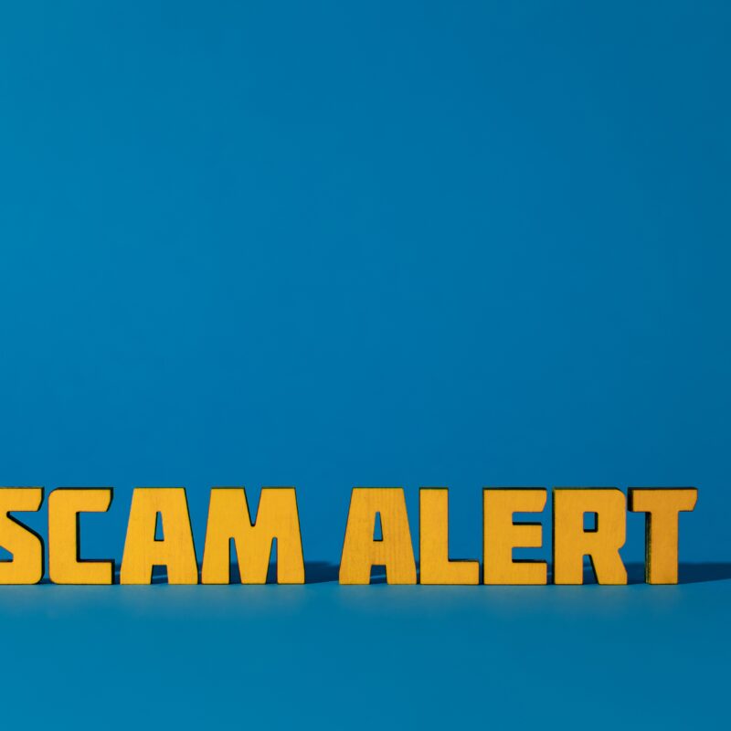 The words "Scam Alert" in yellow on a blue background