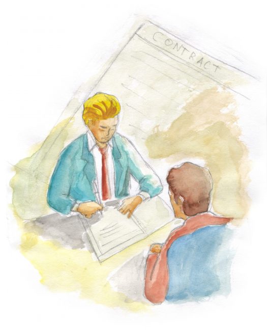 Watercolor painting of a man signing a contract