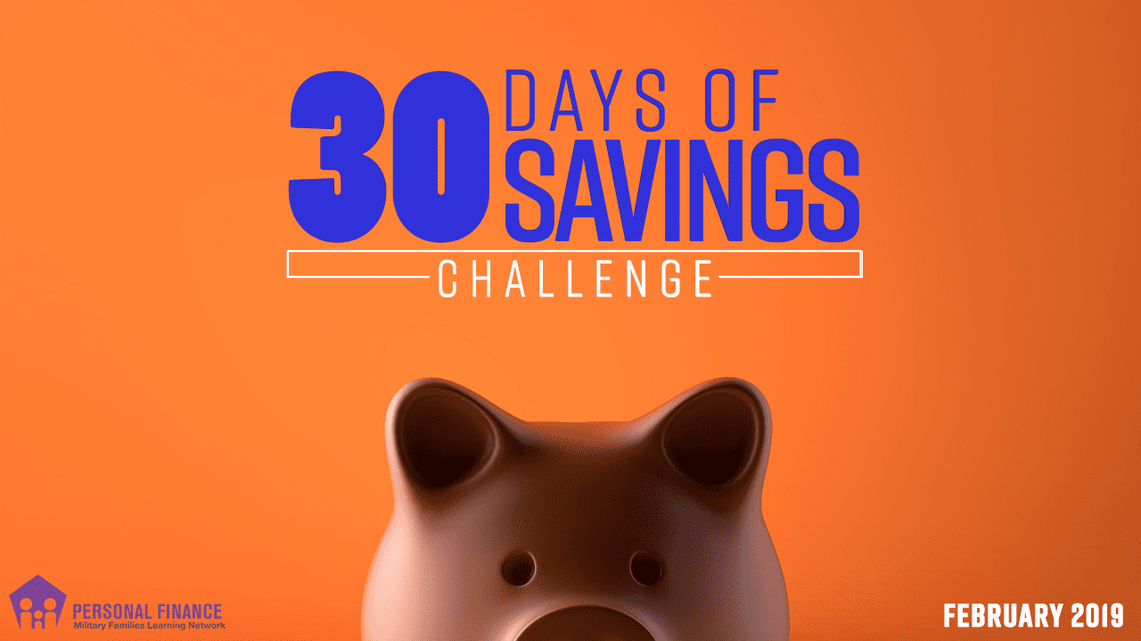 A piggie bank in the foreground with "30 days of savings challenge" above, on an orange background.