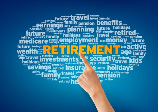 Finger pointing to the word RETIREMENT in the middle of a word cloud