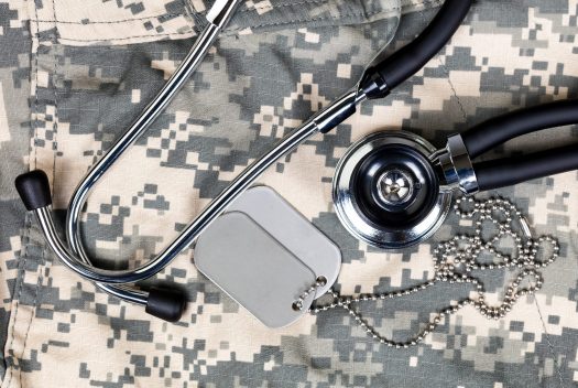 Military tags and stethoscope sitting on camouflage jacket