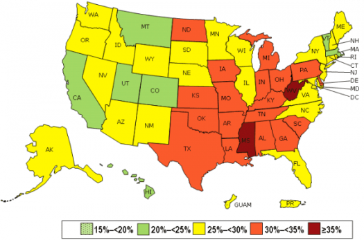 CDC 2013 state obesity prevalence map. States with 20-
