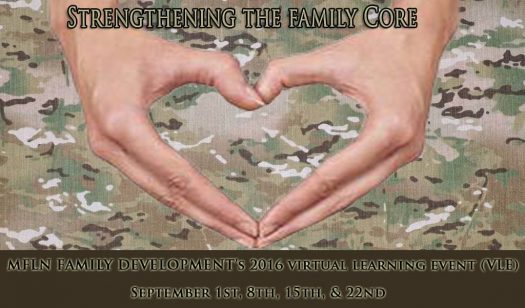 Strengthening the Family Core 2016 MFLNFD VLE promotional banner. Two hands make a heart shape over a camouflage background.
