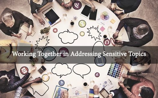Round table business discussion. Working Together in Addressing Sensitive Topics banner.