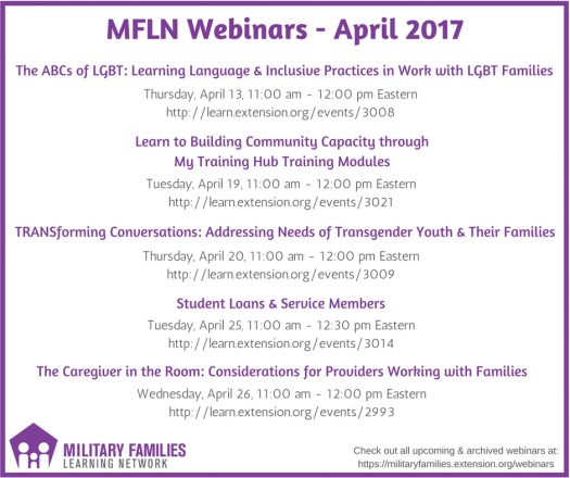 List of April 2017 OneOp webinars. April 13: "The ABCs of LGBT: Learning Language & Inclusive Practices in Work with LGBT Families" (https://oneop.org/event/27644/ ). April 19: "Learn to Building Community Capacity through My Training Hub Training Modules" (https://oneop.org/event/27637/ ). April 20: "TRANSforming Conversations: Addressing Needs of Transgender Youth & Their Families" (https://oneop.org/event/27633/ ) April 25: "Student Loans & Service Members" (https://oneop.org/event/27626/ ). April 26: "The Caregiver in the Room: Considerations for Providers Working with Families" (https://oneop.org/event/27204/ )