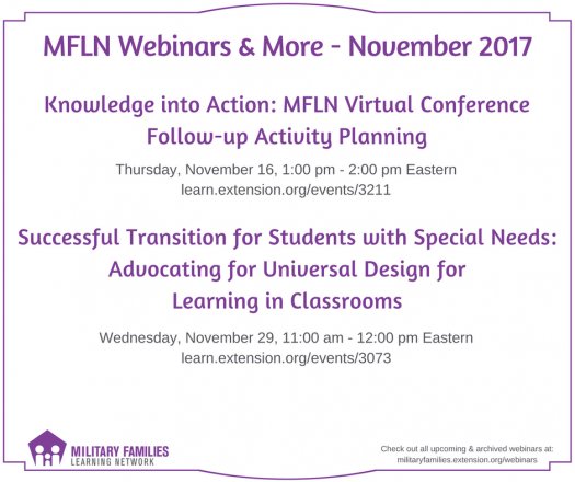 List of November 2017 OneOp webinars and more. November 16: "Knowledge into Action: OneOp Virtual Conference Follow-up Activity Planning" (https://oneop.org/event/26996/ ). November 29: "Successful Transition for Students with Special Needs: Advocating for Universal Design for Learning in Classrooms" (https://oneop.org/event/26993/ )
