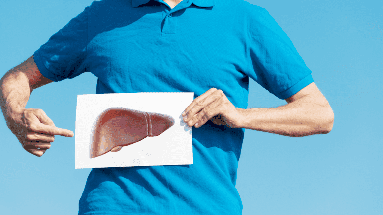 Person in blue polo shirt pointing to a printed picture of a liver.