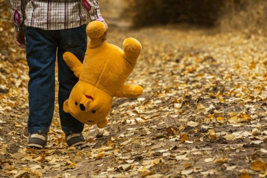 Child holding stuffed bear on a trail covered with fallen leaves