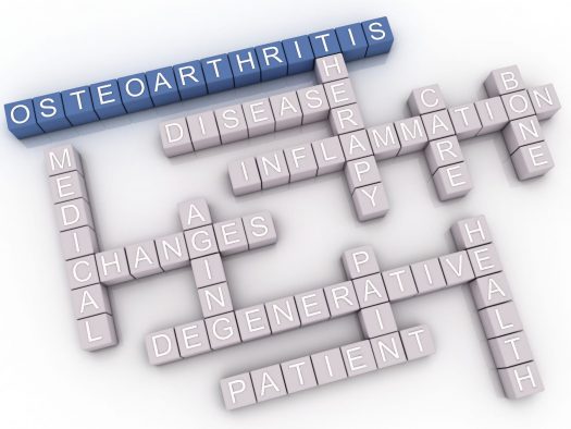 3-D crossword puzzle with the word Osteoarthritis highlighted. Other words on the puzzle: therapy, disease, inflammation, care, bone, medical, changes, aging, degenerative, pain, patient, health.