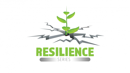 Logo of green stalk growing out of crack on ground, reading "Resilience Series"