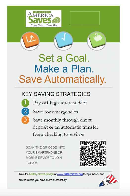 American Saves promotional graphic. "Set a Goal. Make a Plan. Save Automatically. Key Saving Strategies: 1. Pay off high-interest debt. 2. Save for emergencies. 3. Save monthly through direct deposit or an automatic transfer from checking to savings."