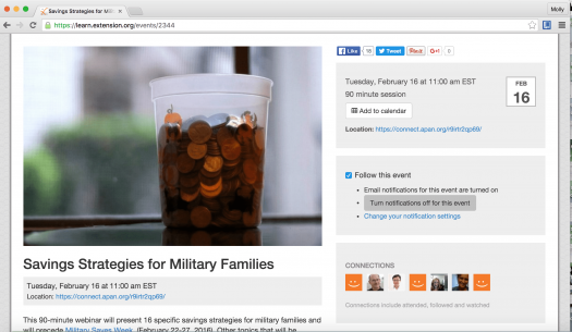 Screenshot of Savings Strategies for Military Families event page