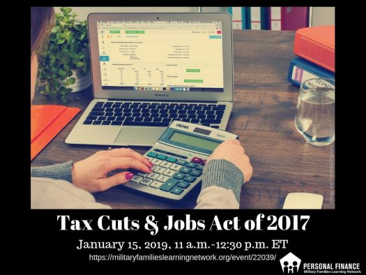 Banner for Tax Cuts & Jobs Act of 2017. Depicts woman holding a calculator in front of a laptop.
