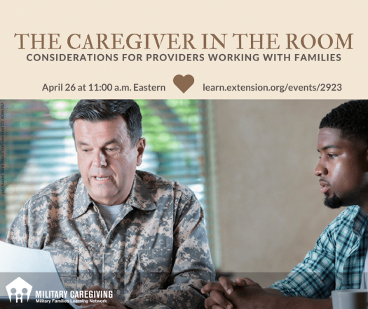 The Caregiver in the Room banner image showing older Service member going over paperwork with young man