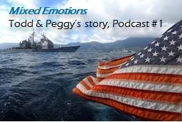 Cover image for "Mixed Emotions: Todd & Peggy's story, Podcast #3" showing American flag flying over ocean