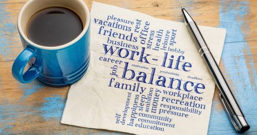 coffee cup and pen with words associated with Work Life balance written on napkin on napkin