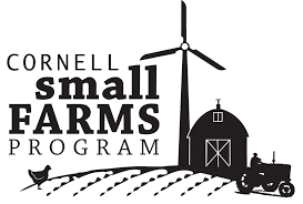 Cornell Small Farms Program logo showing farmland, chicken, wind turbine, barn, and tractor