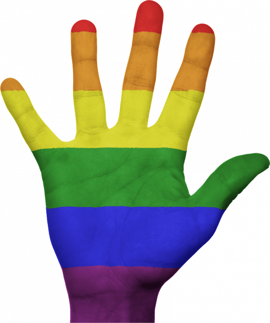 Colors of the pride flag painted onto a hand