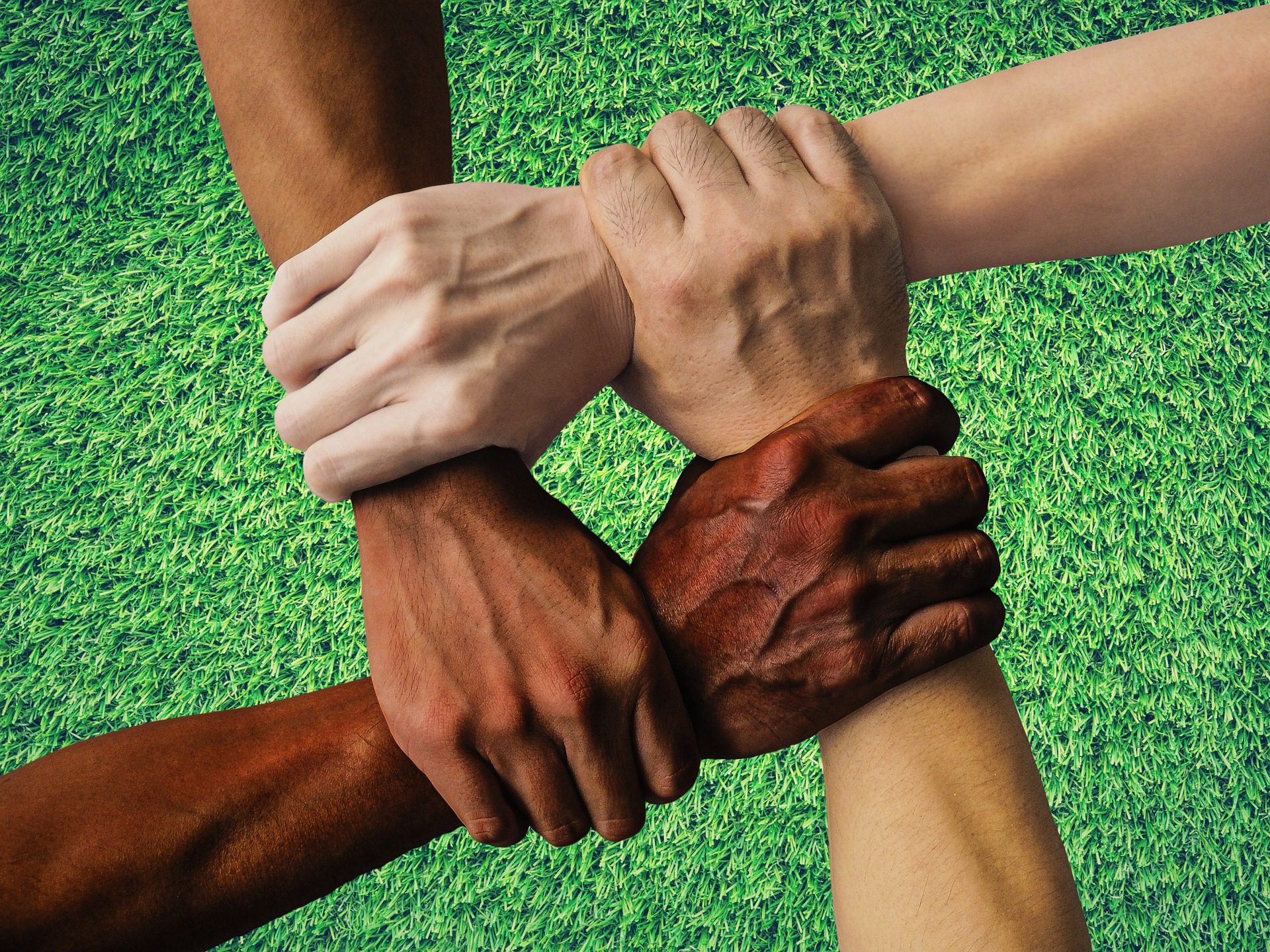 Hands of all diversity coming together joined at the wrists
