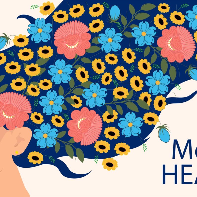 Mental health. Happy woman with flowers inside her head.