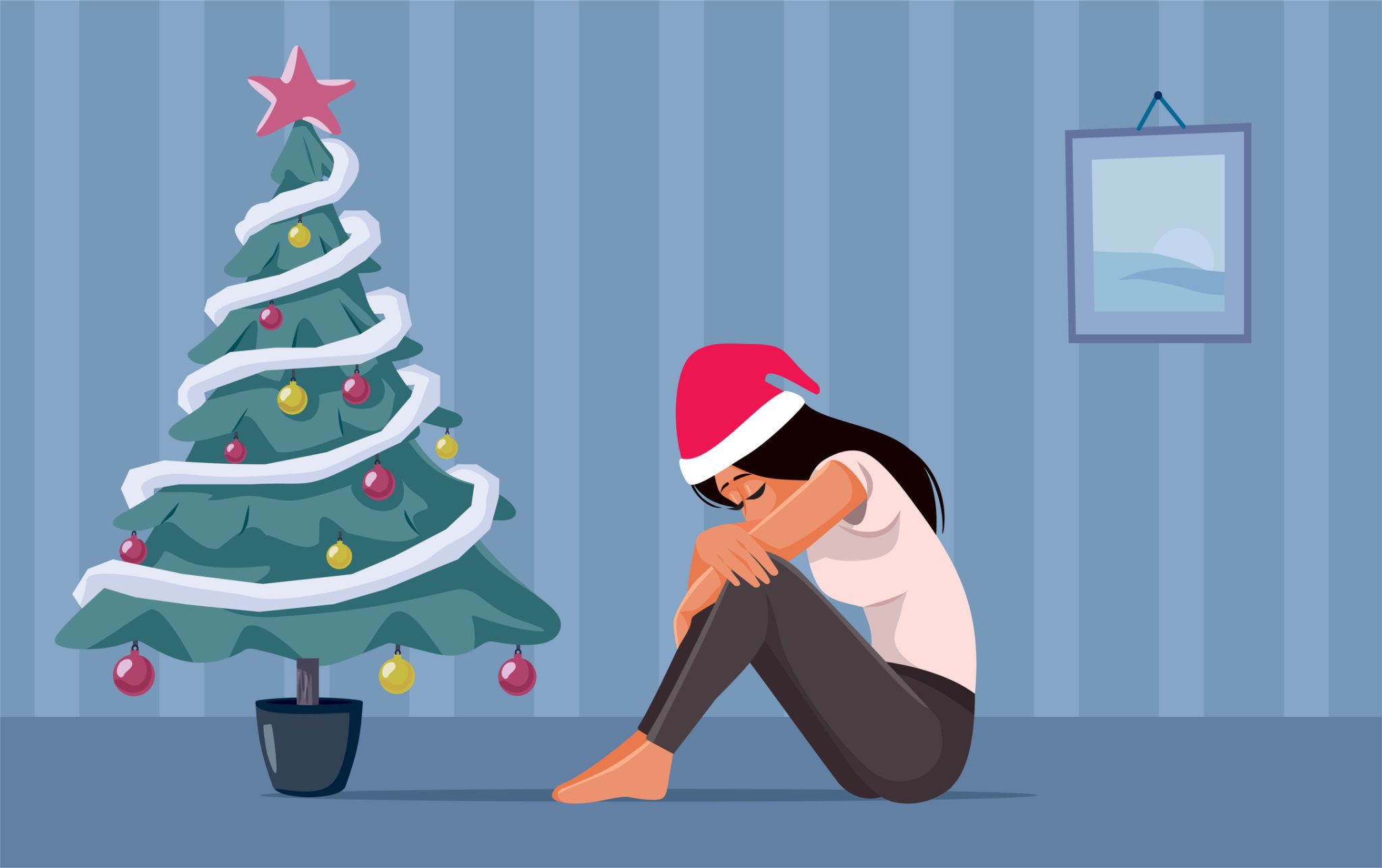 Sad Unhappy Woman Spending Christmas Holidays Alone Crying