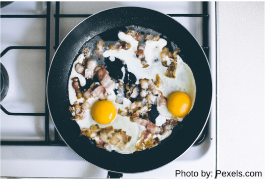 Eggs and meat cooking in frying pan