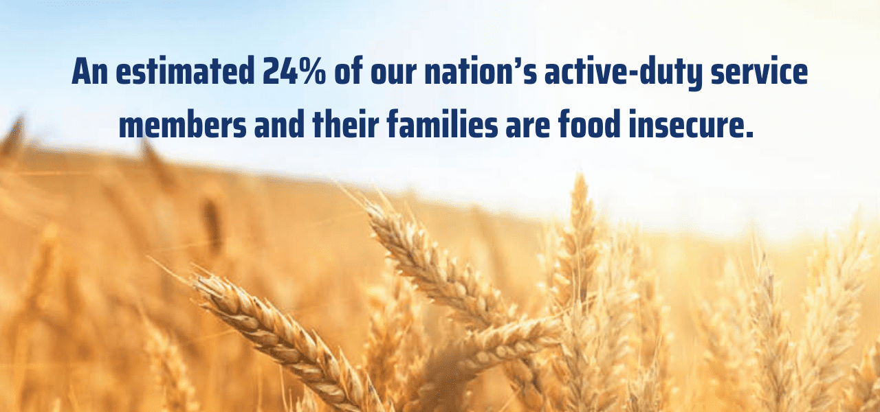 A wheat field and and blue sky, An estimated 24% of our nation’s active-duty service members and their families are food insecure.