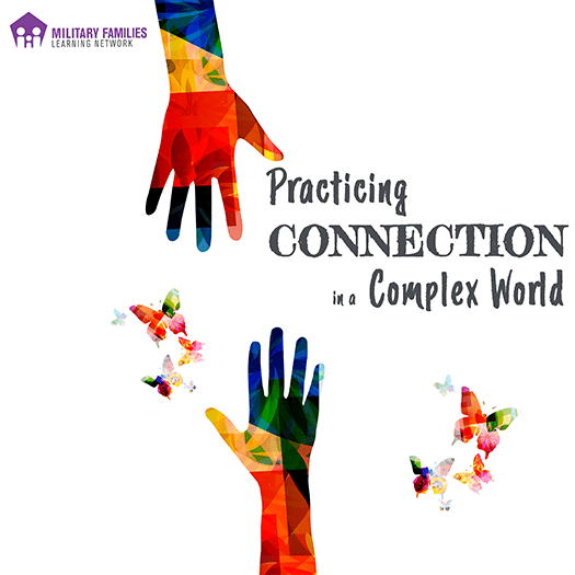 Cover art for the Practicing Connection in a Complex World podcast. Two multi-colored hands reach out to each other from the top and bottom of the image, surrounded by two clusters of butterflies.