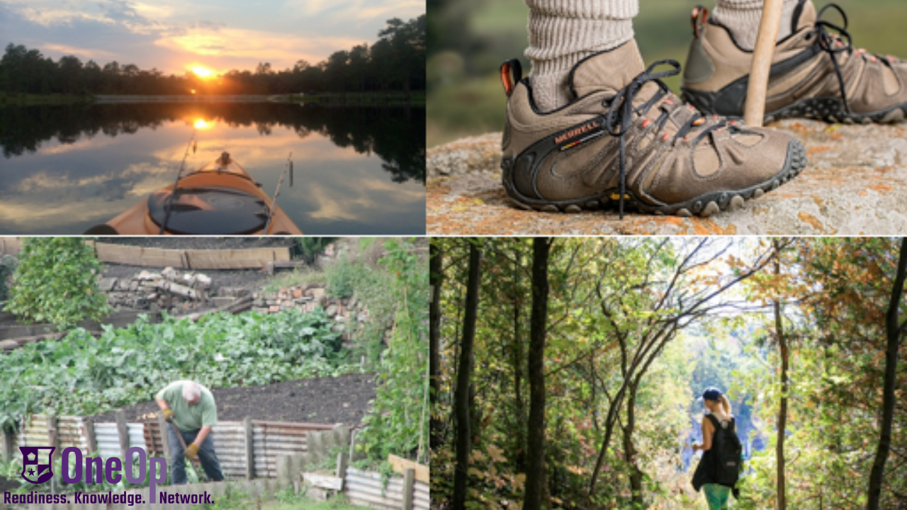 photo compilation of a kayaker at sunset, a hiking boot, a person gardening, and a woman hiking in the woods