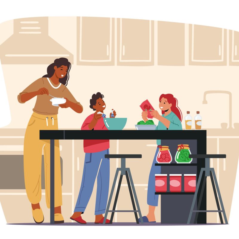 Illustrated children help mother figure in the kitchen