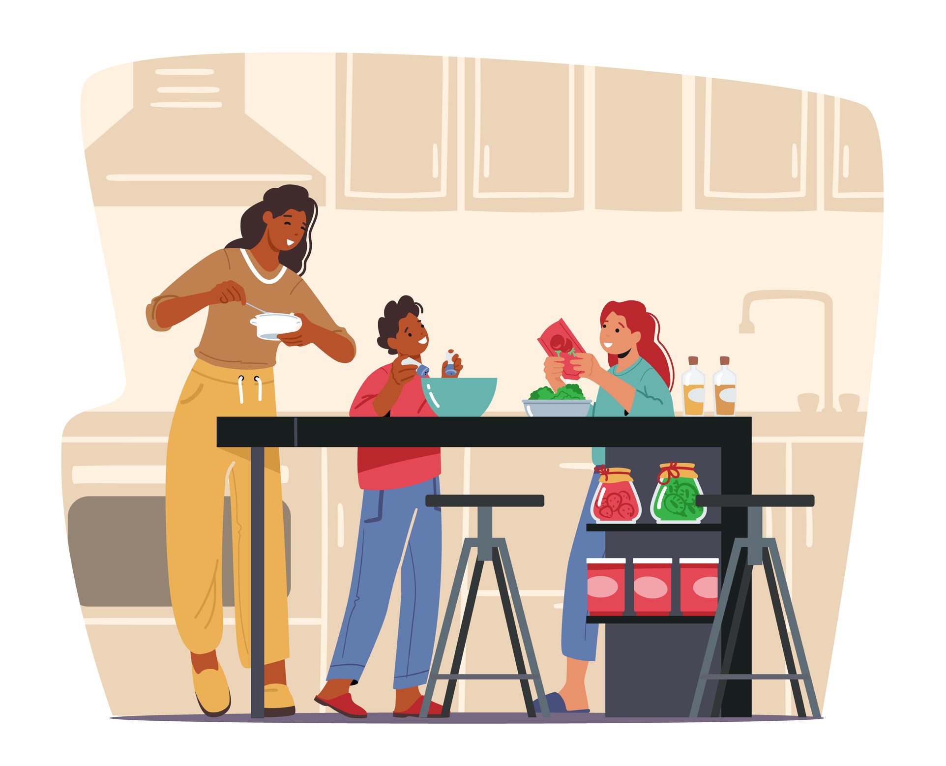 Illustrated children help mother figure in the kitchen