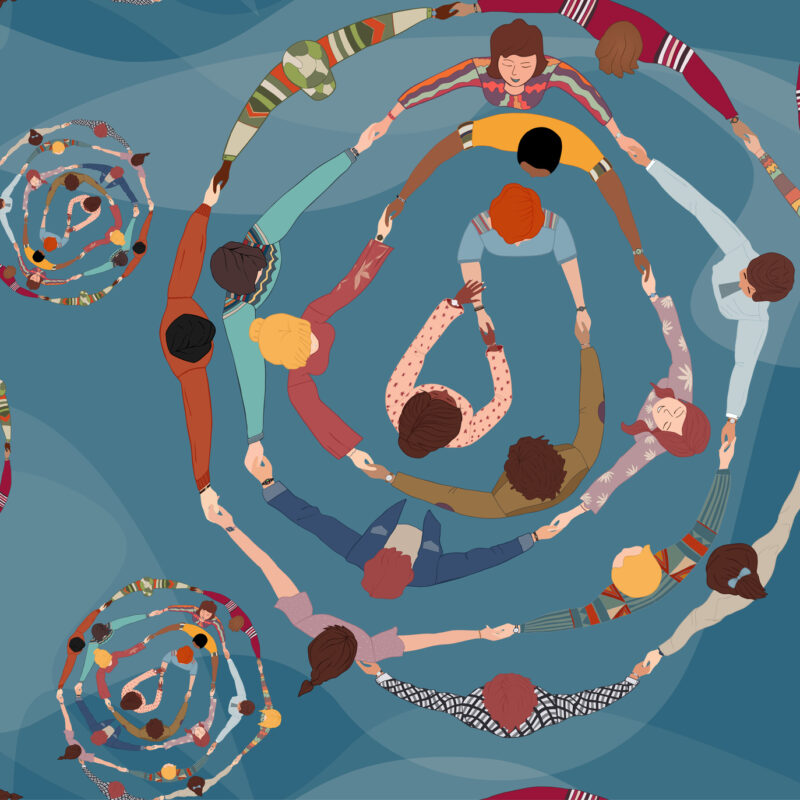 Backdrop seamless pattern with group of diverse people in a circle from different cultures holding hands. Community men and women of friends or volunteers. Top view.