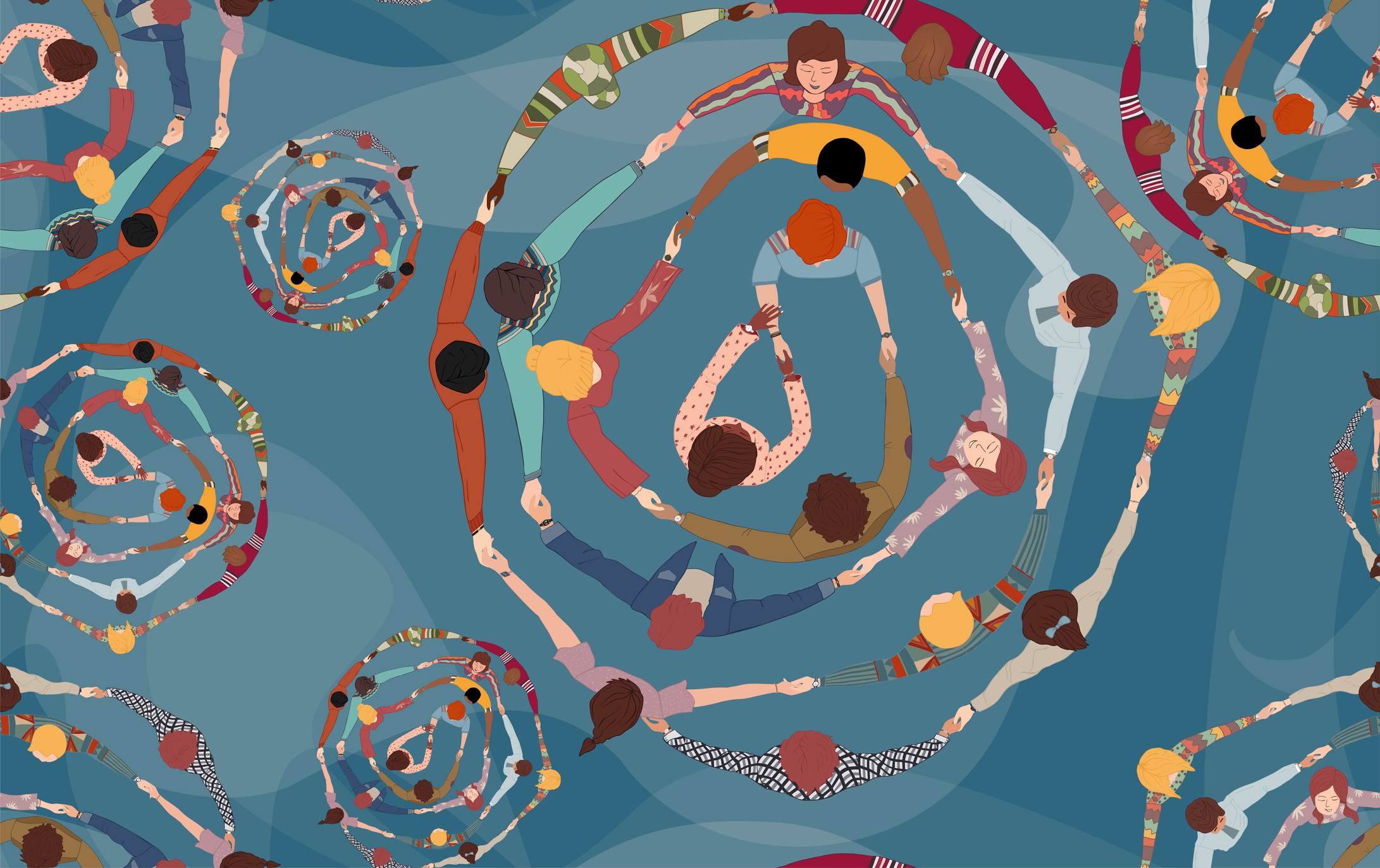 Backdrop seamless pattern with group of diverse people in a circle from different cultures holding hands. Community men and women of friends or volunteers. Top view.