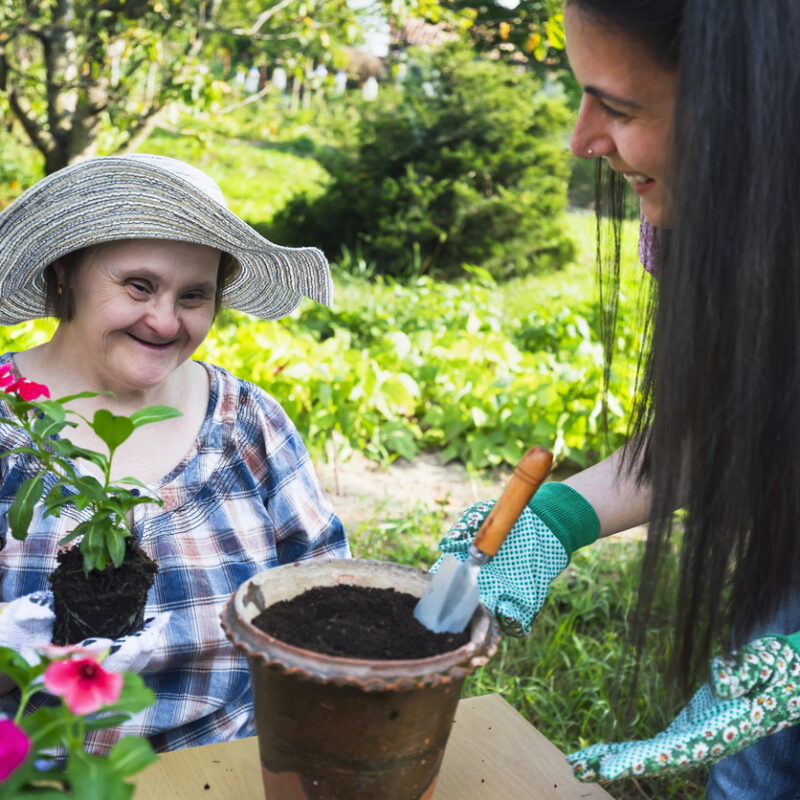 Woman with Down Syndrome and her friend planting flowers together. Activities during Covid-19 in the backyard