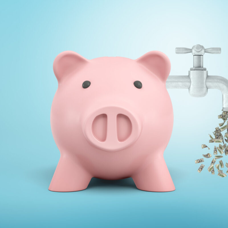3d rendering of a pink piggy bank stands in front view with a faucet leaking dollar bills attached to its side. Source of income. Spend all savings. Loss of emergency budget.