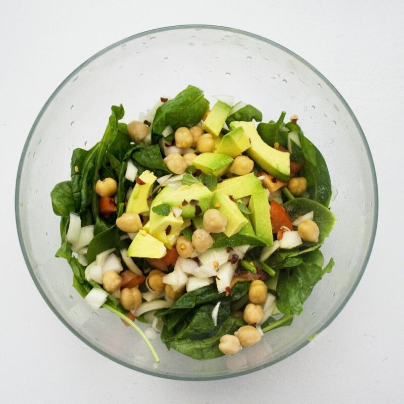 Spinach salad with avocado, onions and nuts