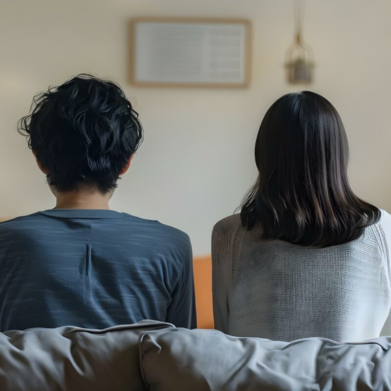 two people sitting on a couch with their backs to the camera
