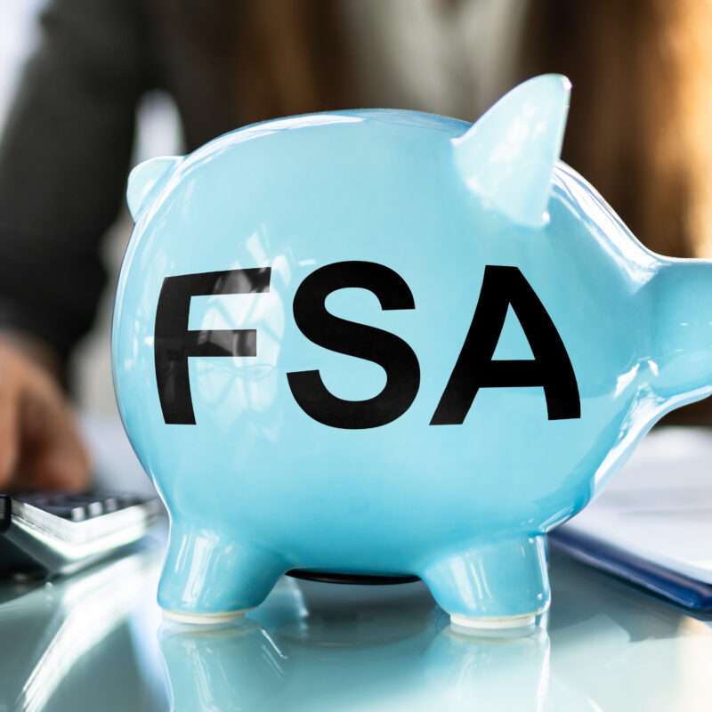 Blue piggy bank with the letters "FSA" Flexible Spending Account.