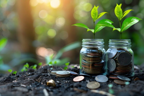 Coins in clear jars on the ground. Symbolizing money in the soil. Sunlight peaking through the trees in the background