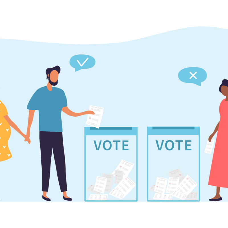 Voting or election concept, multiracial people of different ages including disabled people came to the polling station to vote for their candidate. Flat cartoon vector illustration.