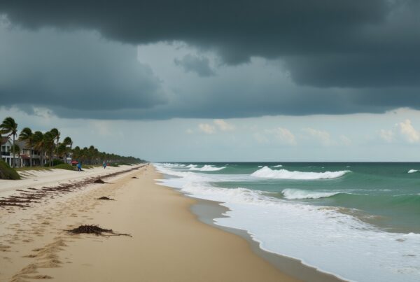 storm clouds rolling in on a sandy waterfront shoreline